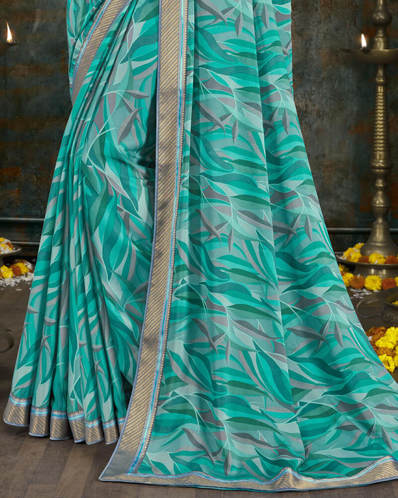 Vishal Prints Teal Blue Digital Print Crepe Saree With Border