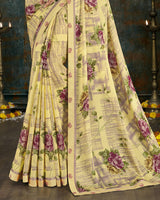 Vishal Prints Pastel Yellow Digital Print Crepe Saree With Border