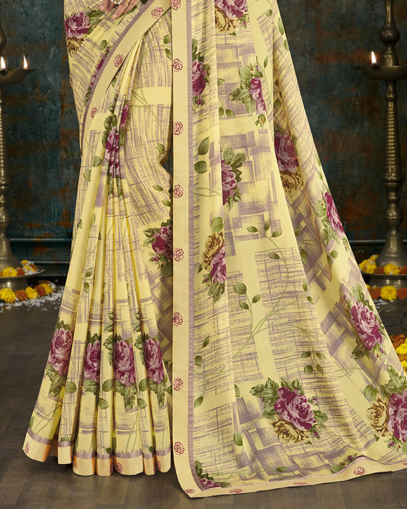 Vishal Prints Pastel Yellow Digital Print Crepe Saree With Border