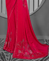 Vishal Prints Cherry Red Satin Saree With Stone Work