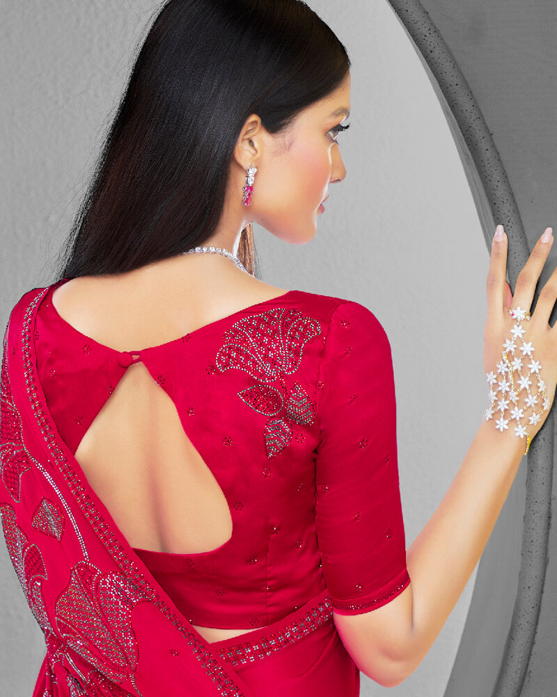 Vishal Prints Cherry Red Satin Saree With Stone Work