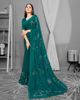 Vishal Prints Rama Green Satin Saree With Stone Work