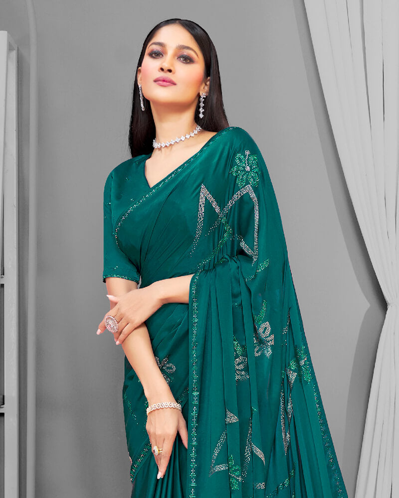Vishal Prints Rama Green Satin Saree With Stone Work