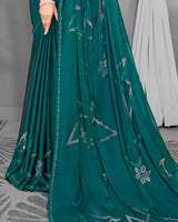 Vishal Prints Rama Green Satin Saree With Stone Work