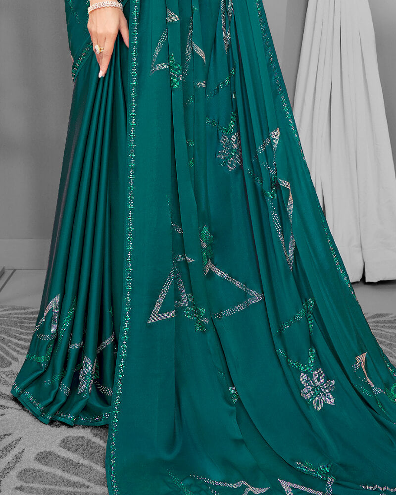 Vishal Prints Rama Green Satin Saree With Stone Work