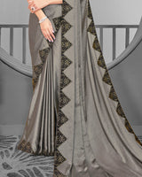 Vishal Prints Sand Grey Satin Saree With Stone Work