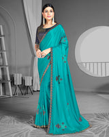 Vishal Prints Dark Turquoise Blue Satin Saree With Stone Work