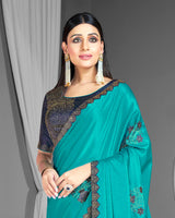 Vishal Prints Dark Turquoise Blue Satin Saree With Stone Work