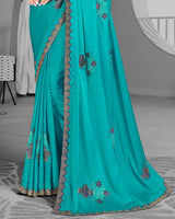 Vishal Prints Dark Turquoise Blue Satin Saree With Stone Work
