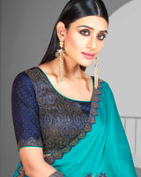 Vishal Prints Dark Turquoise Blue Satin Saree With Stone Work