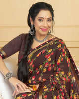 Vishal Prints Brown Printed Georgette Saree With Border
