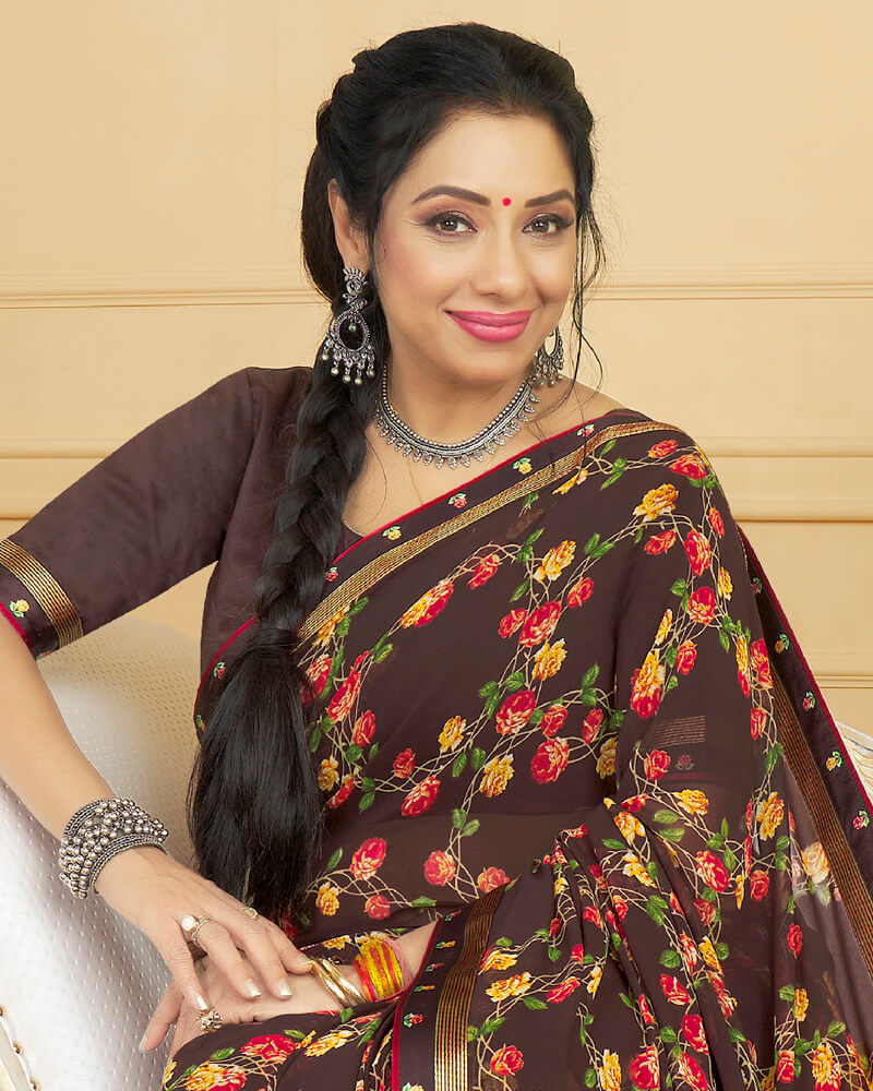 Vishal Prints Brown Printed Georgette Saree With Border