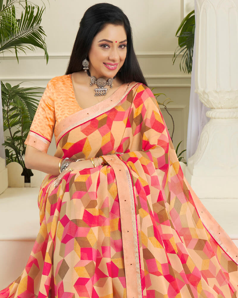 Vishal Prints Pastel Orange Printed Chiffon Saree With Border