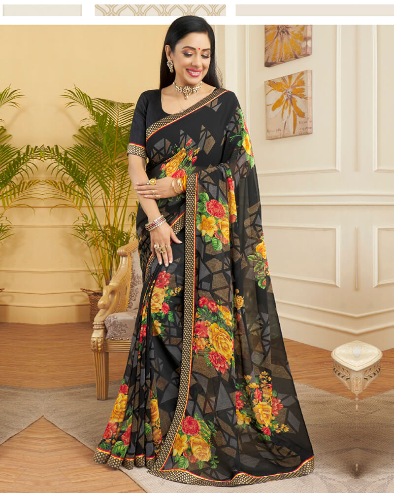 Vishal Prints Black Printed Georgette Saree With Border