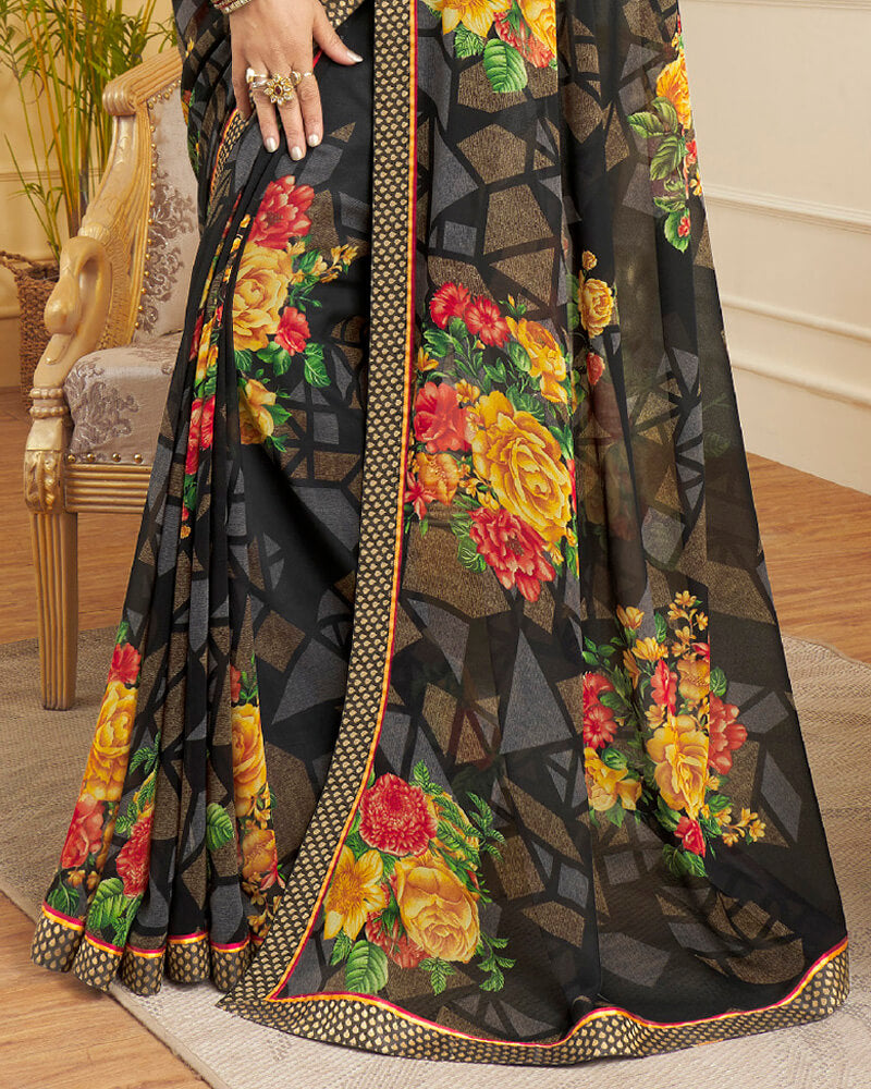 Vishal Prints Black Printed Georgette Saree With Border