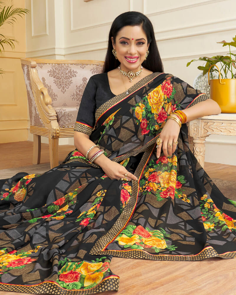 Vishal Prints Black Printed Georgette Saree With Border