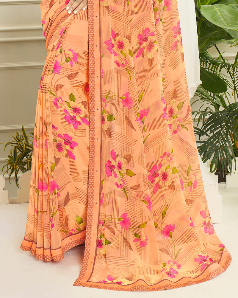 Vishal Prints Pastel Orange Printed Georgette Saree With Border
