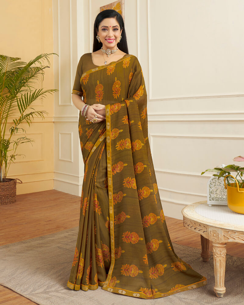 Vishal Prints Dark Mustard Printed Chiffon Saree With Border