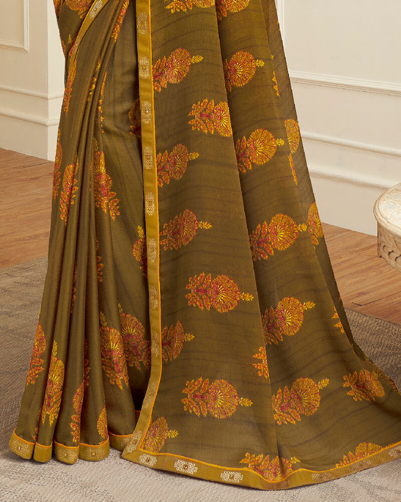 Vishal Prints Dark Mustard Printed Chiffon Saree With Border