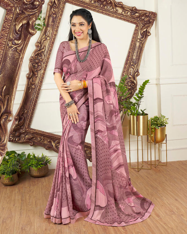Vishal Prints Dusty Pink Printed Chiffon Saree With Border