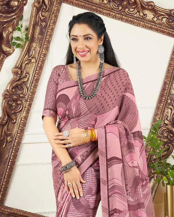 Vishal Prints Dusty Pink Printed Chiffon Saree With Border