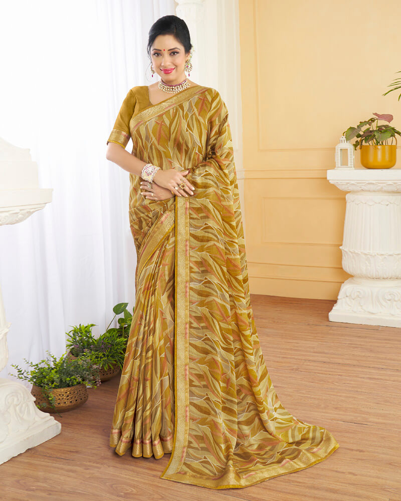 Vishal Prints Dark Beige Printed Chiffon Saree With Border