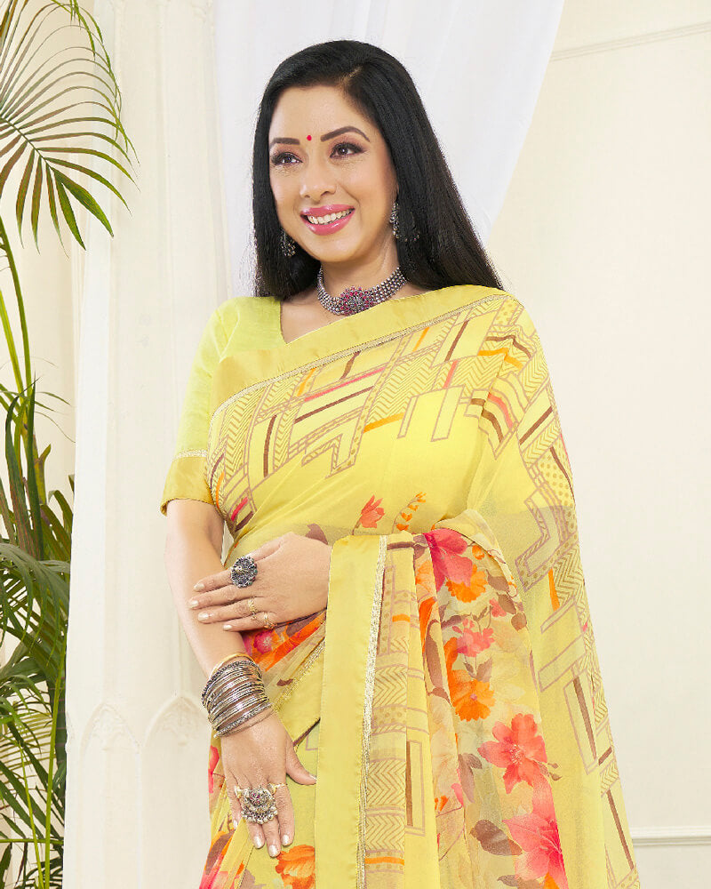 Vishal Prints Pastel Yellow Printed Georgette Saree With Border