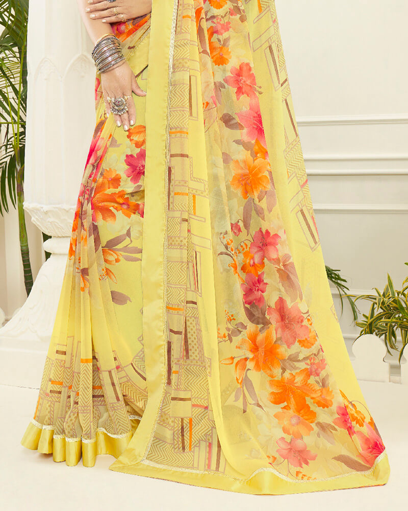 Vishal Prints Pastel Yellow Printed Georgette Saree With Border