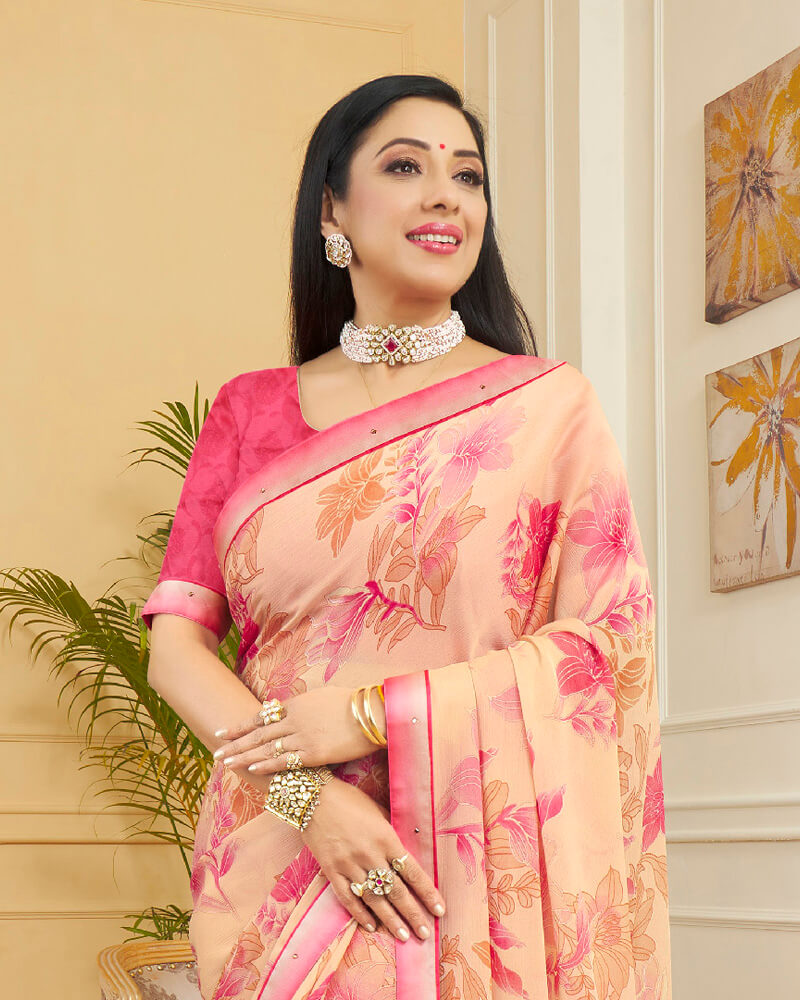 Vishal Prints Pastel Orange Printed Chiffon Saree With Border
