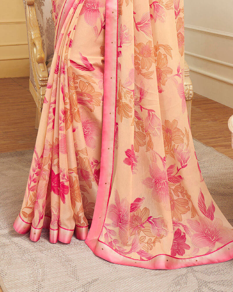 Vishal Prints Pastel Orange Printed Chiffon Saree With Border