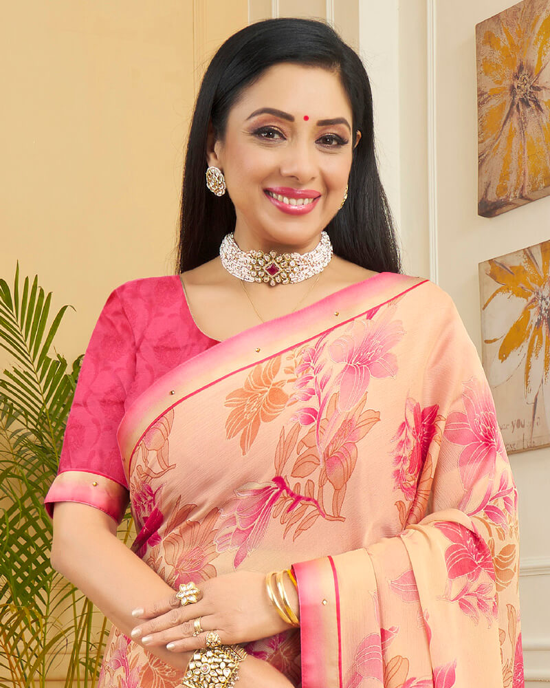 Vishal Prints Pastel Orange Printed Chiffon Saree With Border