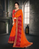 Vishal Prints Orange And Cherry Red Georgette Saree With Foil Print And Jari Border