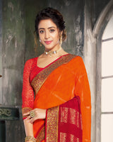 Vishal Prints Orange And Cherry Red Georgette Saree With Foil Print And Jari Border