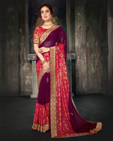 Vishal Prints Wine And Cherry Red Georgette Saree With Foil Print And Jari Border