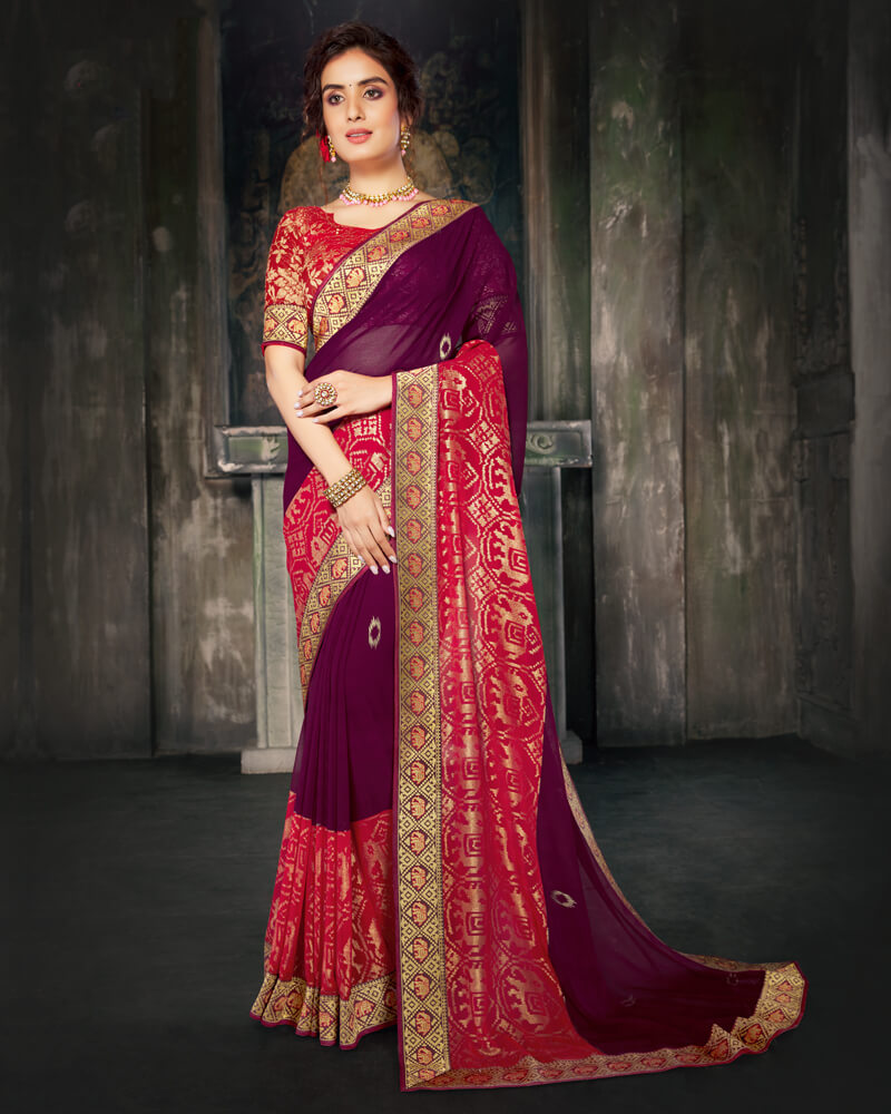 Vishal Prints Wine And Cherry Red Georgette Saree With Foil Print And Jari Border