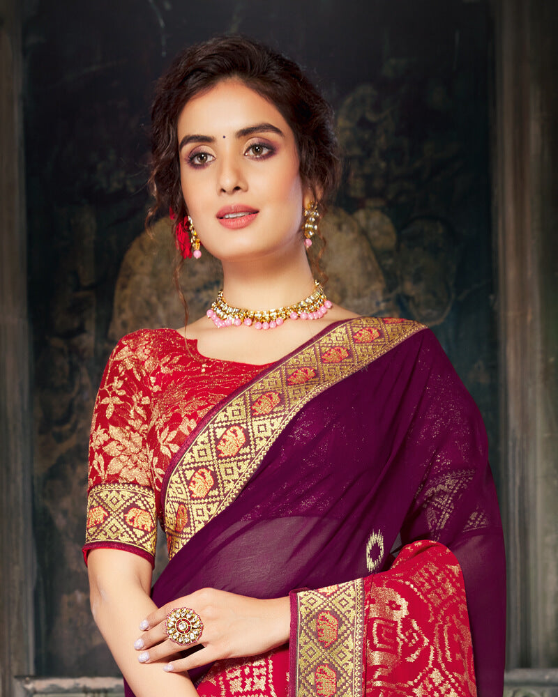 Vishal Prints Wine And Cherry Red Georgette Saree With Foil Print And Jari Border