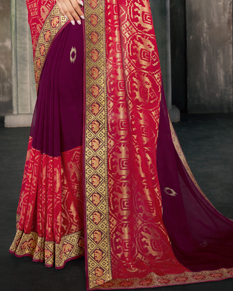 Vishal Prints Wine And Cherry Red Georgette Saree With Foil Print And Jari Border