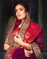 Vishal Prints Wine And Cherry Red Georgette Saree With Foil Print And Jari Border