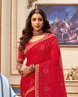 Vishal Prints Cherry Red Chiffon Saree With Embroidery Work