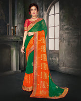 Vishal Prints Dark Green And Orange Georgette Saree With Foil Print And Jari Border