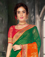 Vishal Prints Dark Green And Orange Georgette Saree With Foil Print And Jari Border