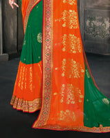 Vishal Prints Dark Green And Orange Georgette Saree With Foil Print And Jari Border