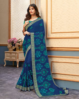 Vishal Prints Ink Blue Chiffon Saree With Embroidery Work