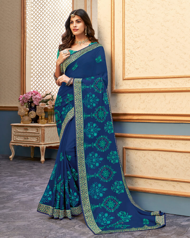 Vishal Prints Ink Blue Chiffon Saree With Embroidery Work
