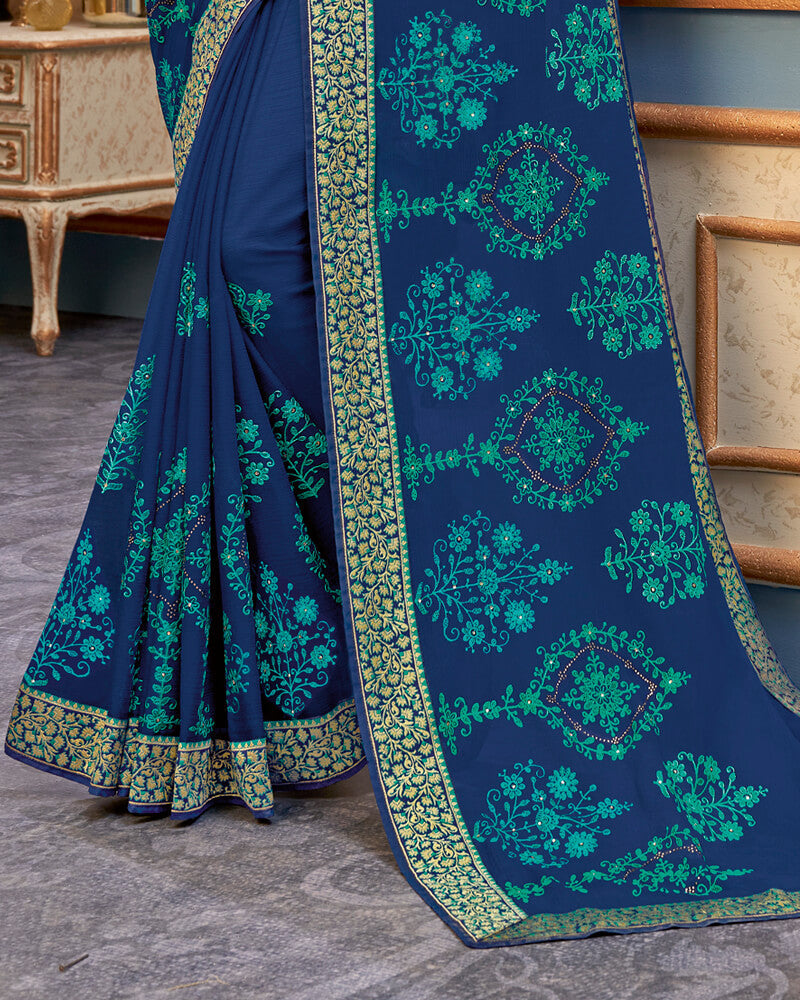 Vishal Prints Ink Blue Chiffon Saree With Embroidery Work