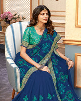 Vishal Prints Ink Blue Chiffon Saree With Embroidery Work