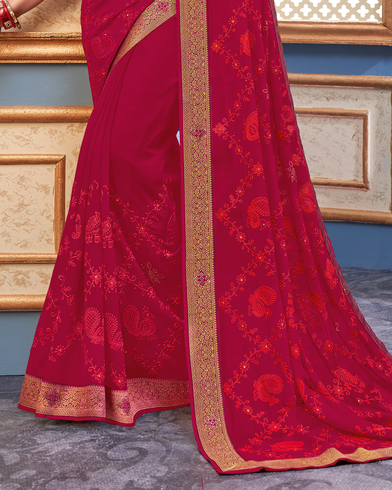 Vishal Prints Burgundy Chiffon Saree With Embroidery Work