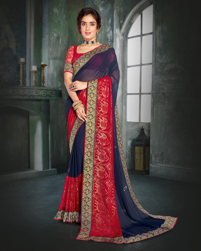 Vishal Prints Ink Blue And Cheery Red Georgette Saree With Foil Print And Jari Border