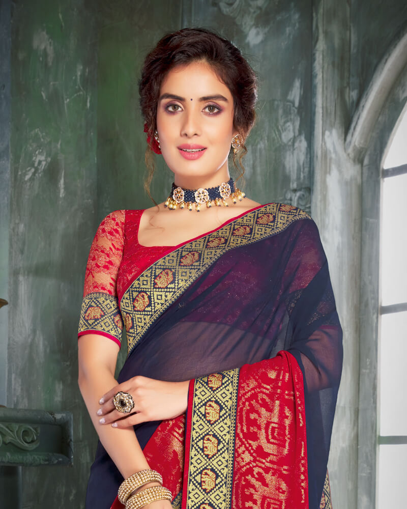 Vishal Prints Ink Blue And Cheery Red Georgette Saree With Foil Print And Jari Border