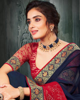 Vishal Prints Ink Blue And Cheery Red Georgette Saree With Foil Print And Jari Border